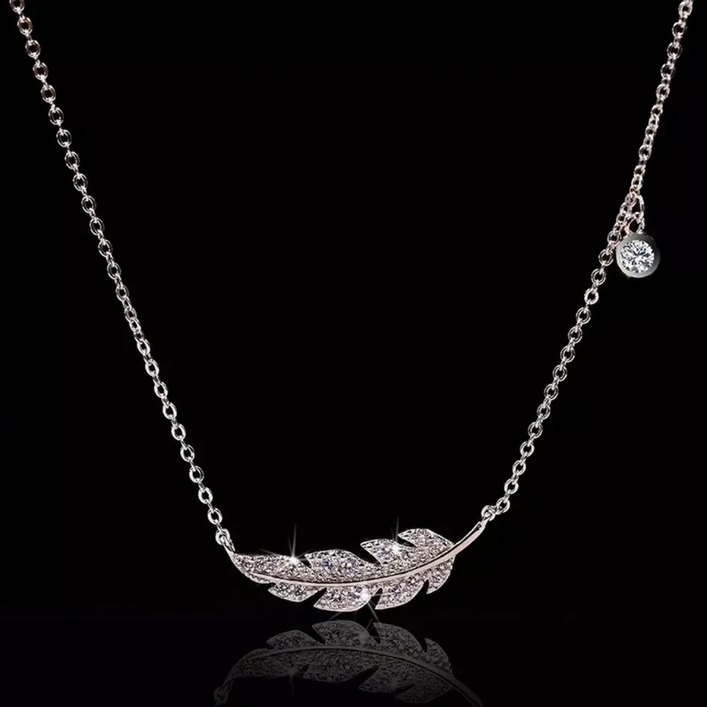 Simple Silver Leaf Dazzle Diamond Necklace - Picture 1 of 2